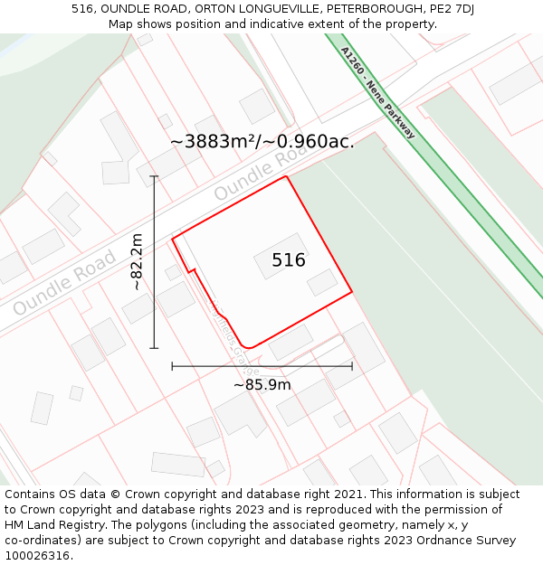 516, OUNDLE ROAD, ORTON LONGUEVILLE, PETERBOROUGH, PE2 7DJ: Plot and title map