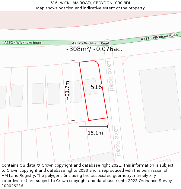 516, WICKHAM ROAD, CROYDON, CR0 8DL: Plot and title map