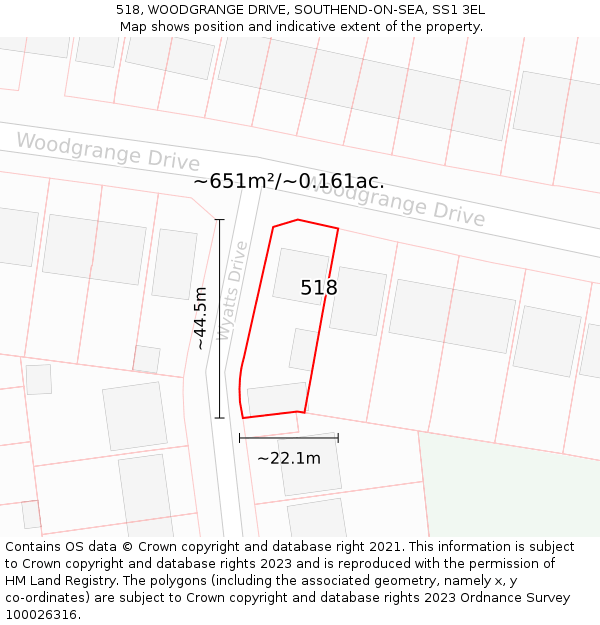 518, WOODGRANGE DRIVE, SOUTHEND-ON-SEA, SS1 3EL: Plot and title map