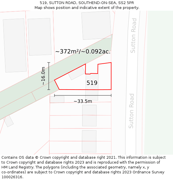 519, SUTTON ROAD, SOUTHEND-ON-SEA, SS2 5PR: Plot and title map