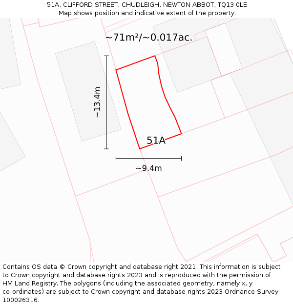 51A, CLIFFORD STREET, CHUDLEIGH, NEWTON ABBOT, TQ13 0LE: Plot and title map