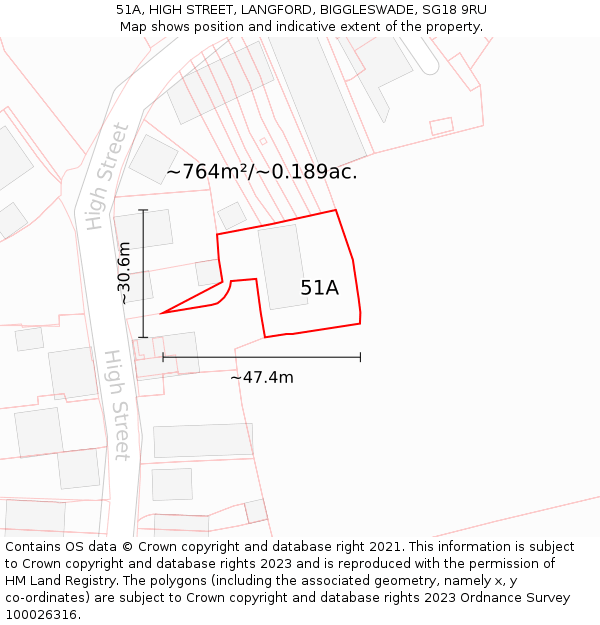 51A, HIGH STREET, LANGFORD, BIGGLESWADE, SG18 9RU: Plot and title map