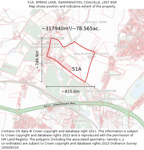 51A, SPRING LANE, SWANNINGTON, COALVILLE, LE67 8QR: Plot and title map