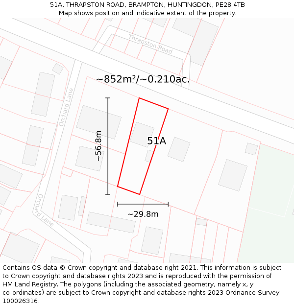 51A, THRAPSTON ROAD, BRAMPTON, HUNTINGDON, PE28 4TB: Plot and title map