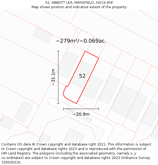 52, ABBOTT LEA, MANSFIELD, NG19 6NF: Plot and title map