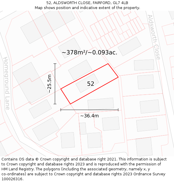 52, ALDSWORTH CLOSE, FAIRFORD, GL7 4LB: Plot and title map