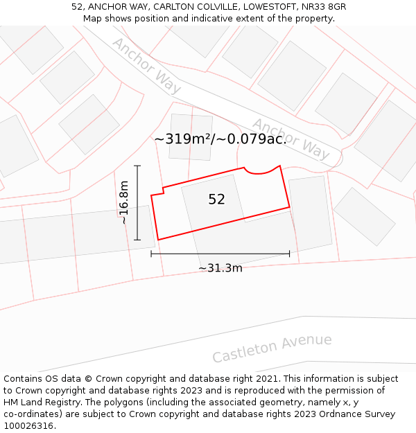 52, ANCHOR WAY, CARLTON COLVILLE, LOWESTOFT, NR33 8GR: Plot and title map