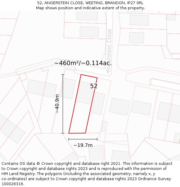 52, ANGERSTEIN CLOSE, WEETING, BRANDON, IP27 0RL: Plot and title map