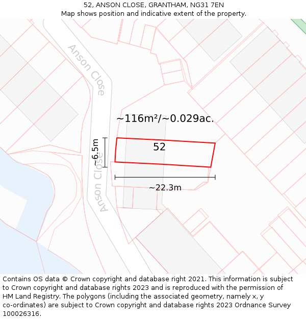 52, ANSON CLOSE, GRANTHAM, NG31 7EN: Plot and title map