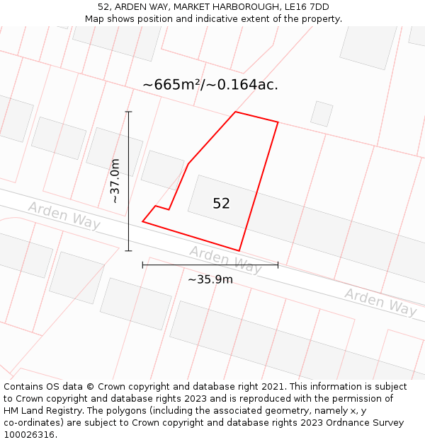 52, ARDEN WAY, MARKET HARBOROUGH, LE16 7DD: Plot and title map