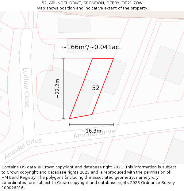 52, ARUNDEL DRIVE, SPONDON, DERBY, DE21 7QW: Plot and title map