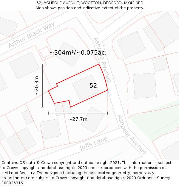 52, ASHPOLE AVENUE, WOOTTON, BEDFORD, MK43 9ED: Plot and title map