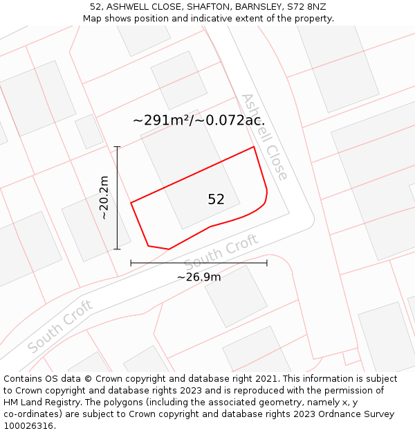 52, ASHWELL CLOSE, SHAFTON, BARNSLEY, S72 8NZ: Plot and title map