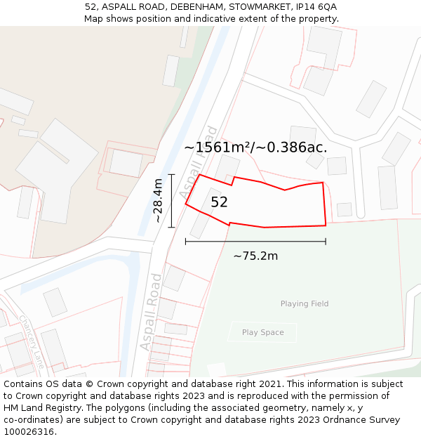 52, ASPALL ROAD, DEBENHAM, STOWMARKET, IP14 6QA: Plot and title map