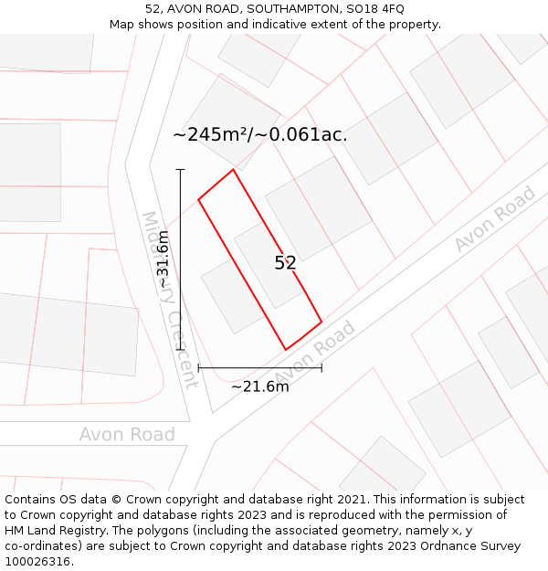 52, AVON ROAD, SOUTHAMPTON, SO18 4FQ: Plot and title map