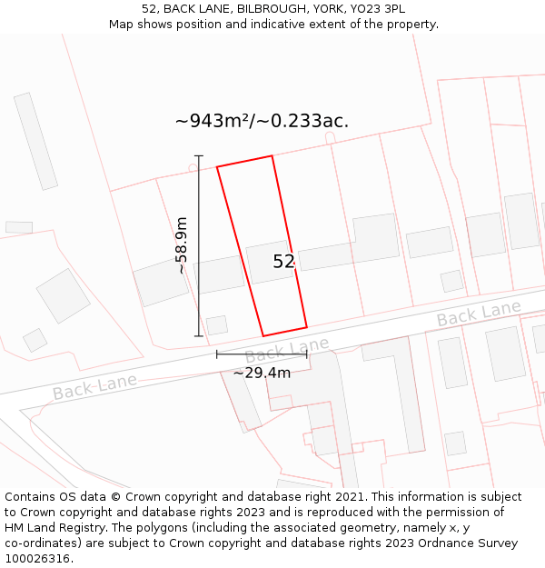 52, BACK LANE, BILBROUGH, YORK, YO23 3PL: Plot and title map