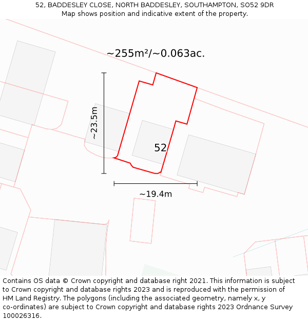 52, BADDESLEY CLOSE, NORTH BADDESLEY, SOUTHAMPTON, SO52 9DR: Plot and title map