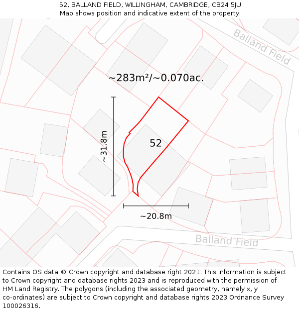 52, BALLAND FIELD, WILLINGHAM, CAMBRIDGE, CB24 5JU: Plot and title map