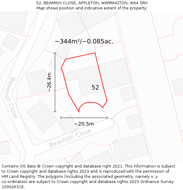 52, BEAMISH CLOSE, APPLETON, WARRINGTON, WA4 5RH: Plot and title map