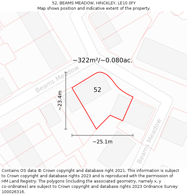 52, BEAMS MEADOW, HINCKLEY, LE10 0FY: Plot and title map