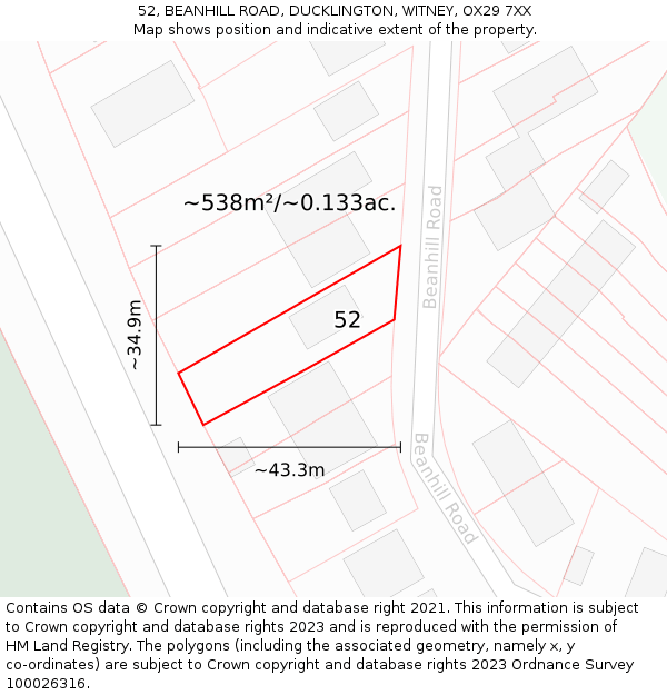 52, BEANHILL ROAD, DUCKLINGTON, WITNEY, OX29 7XX: Plot and title map