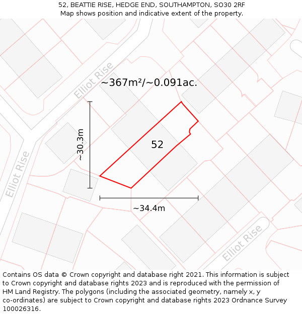 52, BEATTIE RISE, HEDGE END, SOUTHAMPTON, SO30 2RF: Plot and title map