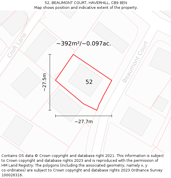 52, BEAUMONT COURT, HAVERHILL, CB9 8EN: Plot and title map
