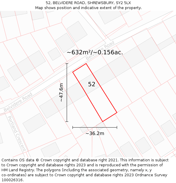 52, BELVIDERE ROAD, SHREWSBURY, SY2 5LX: Plot and title map