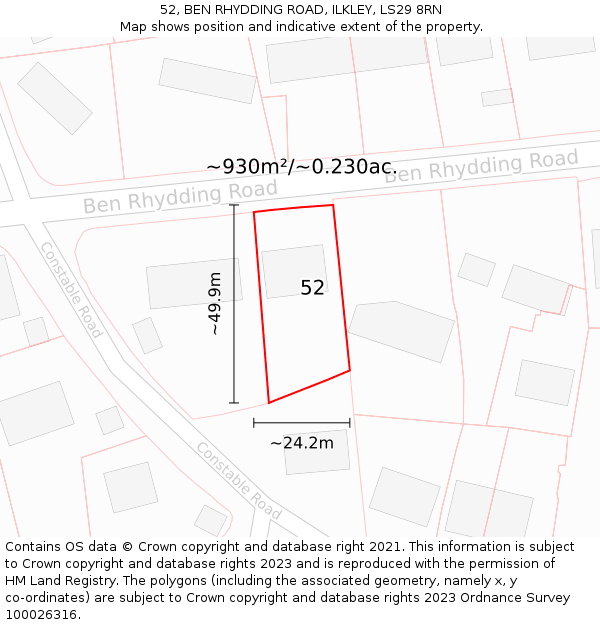 52, BEN RHYDDING ROAD, ILKLEY, LS29 8RN: Plot and title map