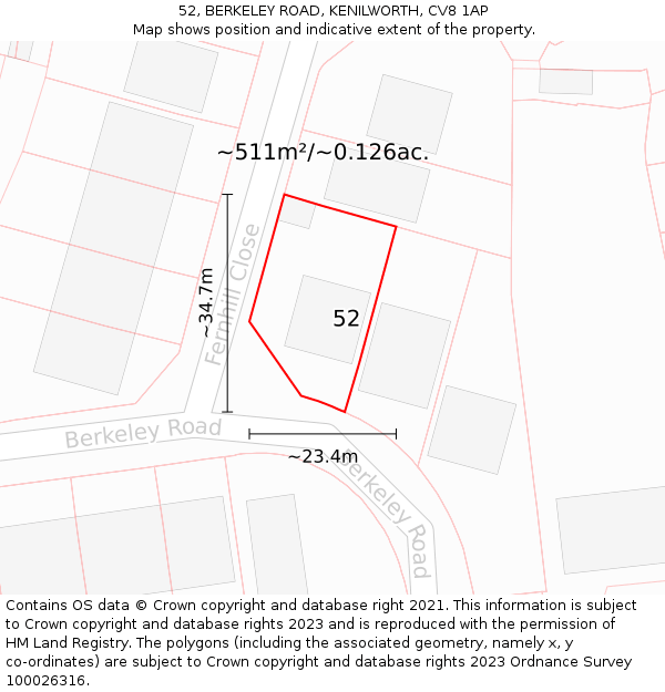 52, BERKELEY ROAD, KENILWORTH, CV8 1AP: Plot and title map
