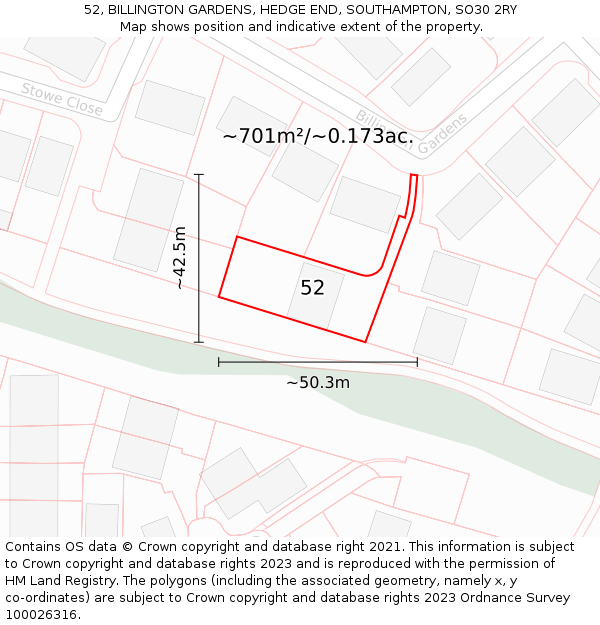 52, BILLINGTON GARDENS, HEDGE END, SOUTHAMPTON, SO30 2RY: Plot and title map