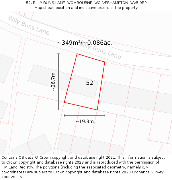 52, BILLY BUNS LANE, WOMBOURNE, WOLVERHAMPTON, WV5 9BP: Plot and title map