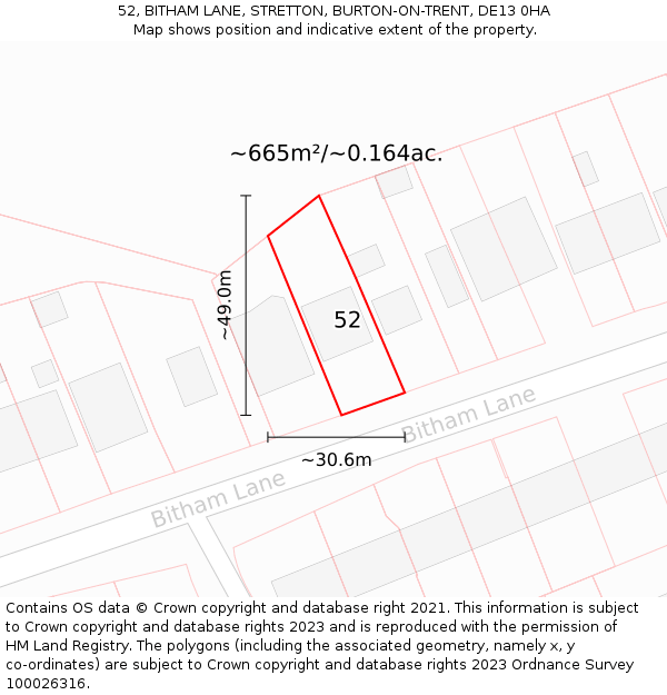 52, BITHAM LANE, STRETTON, BURTON-ON-TRENT, DE13 0HA: Plot and title map