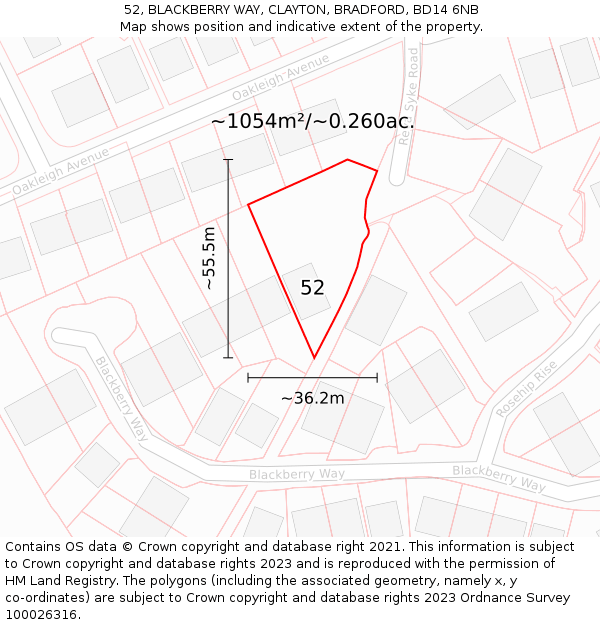 52, BLACKBERRY WAY, CLAYTON, BRADFORD, BD14 6NB: Plot and title map