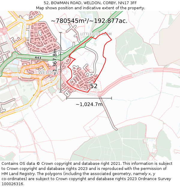 52, BOWMAN ROAD, WELDON, CORBY, NN17 3FF: Plot and title map