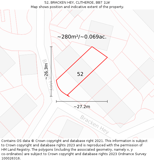 52, BRACKEN HEY, CLITHEROE, BB7 1LW: Plot and title map