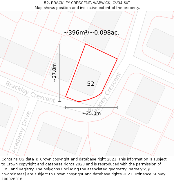 52, BRACKLEY CRESCENT, WARWICK, CV34 6XT: Plot and title map