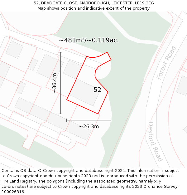 52, BRADGATE CLOSE, NARBOROUGH, LEICESTER, LE19 3EG: Plot and title map