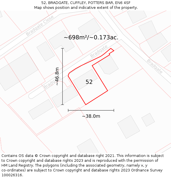 52, BRADGATE, CUFFLEY, POTTERS BAR, EN6 4SF: Plot and title map