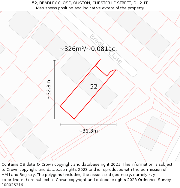 52, BRADLEY CLOSE, OUSTON, CHESTER LE STREET, DH2 1TJ: Plot and title map