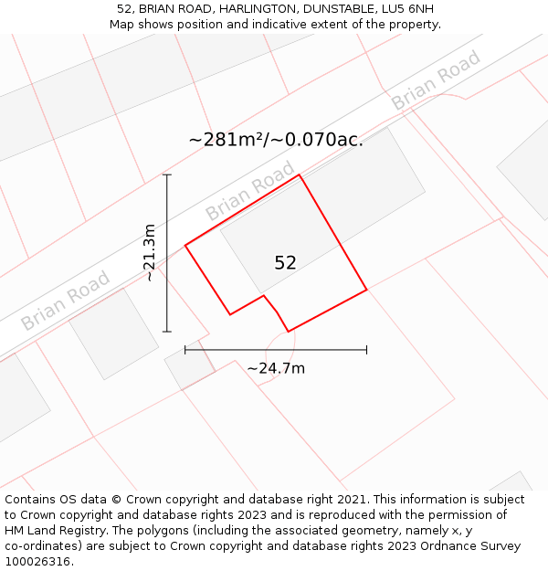 52, BRIAN ROAD, HARLINGTON, DUNSTABLE, LU5 6NH: Plot and title map