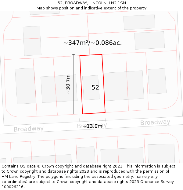 52, BROADWAY, LINCOLN, LN2 1SN: Plot and title map