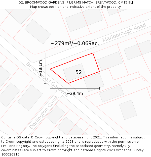 52, BROOMWOOD GARDENS, PILGRIMS HATCH, BRENTWOOD, CM15 9LJ: Plot and title map