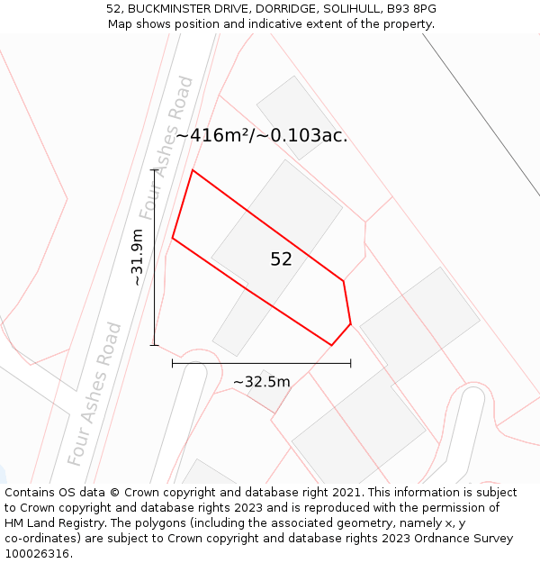 52, BUCKMINSTER DRIVE, DORRIDGE, SOLIHULL, B93 8PG: Plot and title map