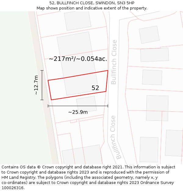 52, BULLFINCH CLOSE, SWINDON, SN3 5HP: Plot and title map