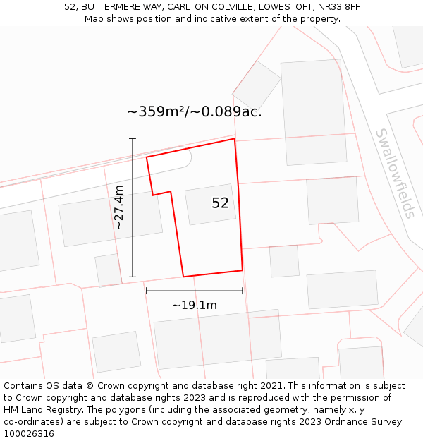 52, BUTTERMERE WAY, CARLTON COLVILLE, LOWESTOFT, NR33 8FF: Plot and title map