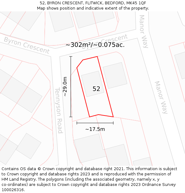 52, BYRON CRESCENT, FLITWICK, BEDFORD, MK45 1QF: Plot and title map