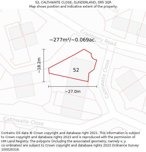 52, CALTHWAITE CLOSE, SUNDERLAND, SR5 3QR: Plot and title map