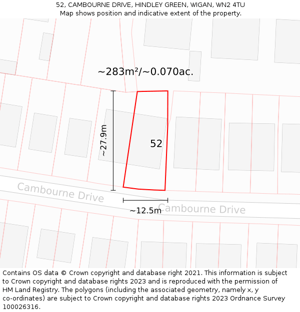 52, CAMBOURNE DRIVE, HINDLEY GREEN, WIGAN, WN2 4TU: Plot and title map