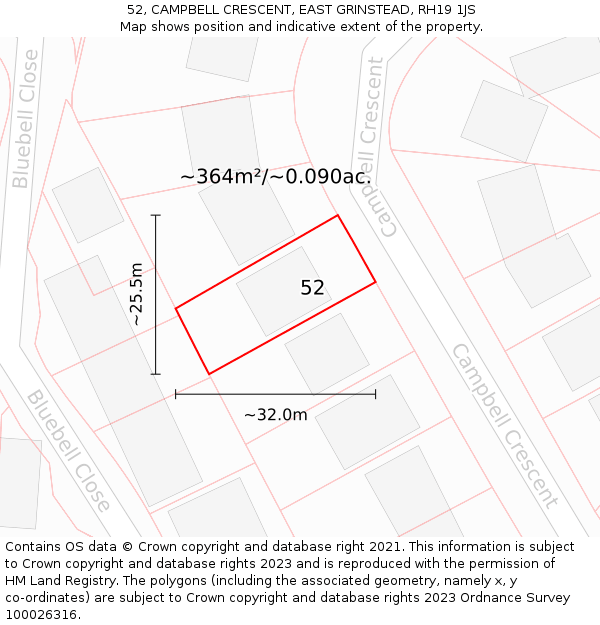 52, CAMPBELL CRESCENT, EAST GRINSTEAD, RH19 1JS: Plot and title map